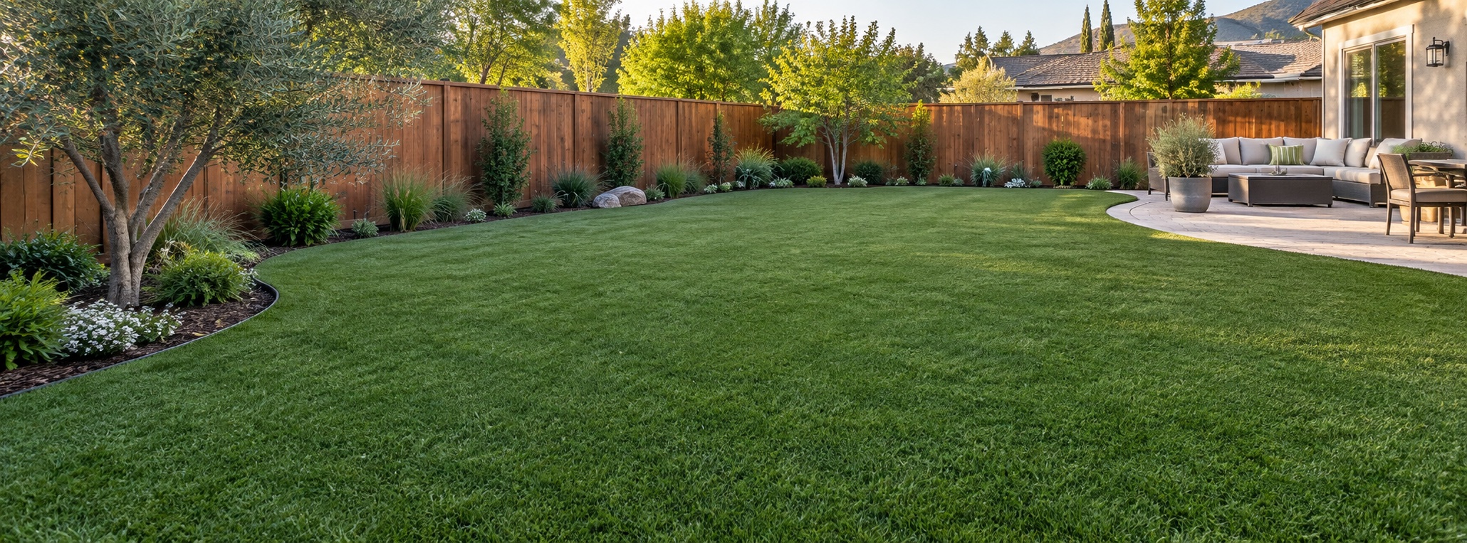 AI-generated backyard inspiration: realistic turf, planting beds and a welcoming patio